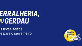 Banner da Linha GGS Gerdau com a frase “Pensou serralheria, pensou Gerdau”, destacando barras e perfis de aço leves com identificação de ponta amarela.