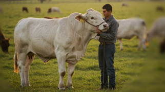 Produtor rural conduzindo um bovino em área de pastagem.