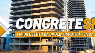 Banner da Concrete Show com edifícios em construção, guindastes e destaque para o maior evento da cadeia construtiva da América Latina.