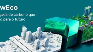 Banner da Gerdau NewEco com representação de cidade sustentável, edifícios, energia renovável e aço com baixa pegada de carbono.