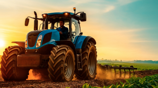 Trator agrícola trabalhando em plantação durante o pôr do sol, realizando atividades de preparo do solo em área rural.