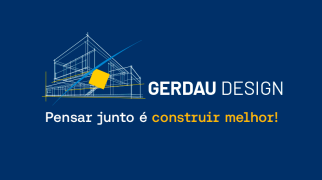 Banner da Gerdau Design com ilustração técnica de projeto arquitetônico e a mensagem “Pensar junto é construir melhor!”.